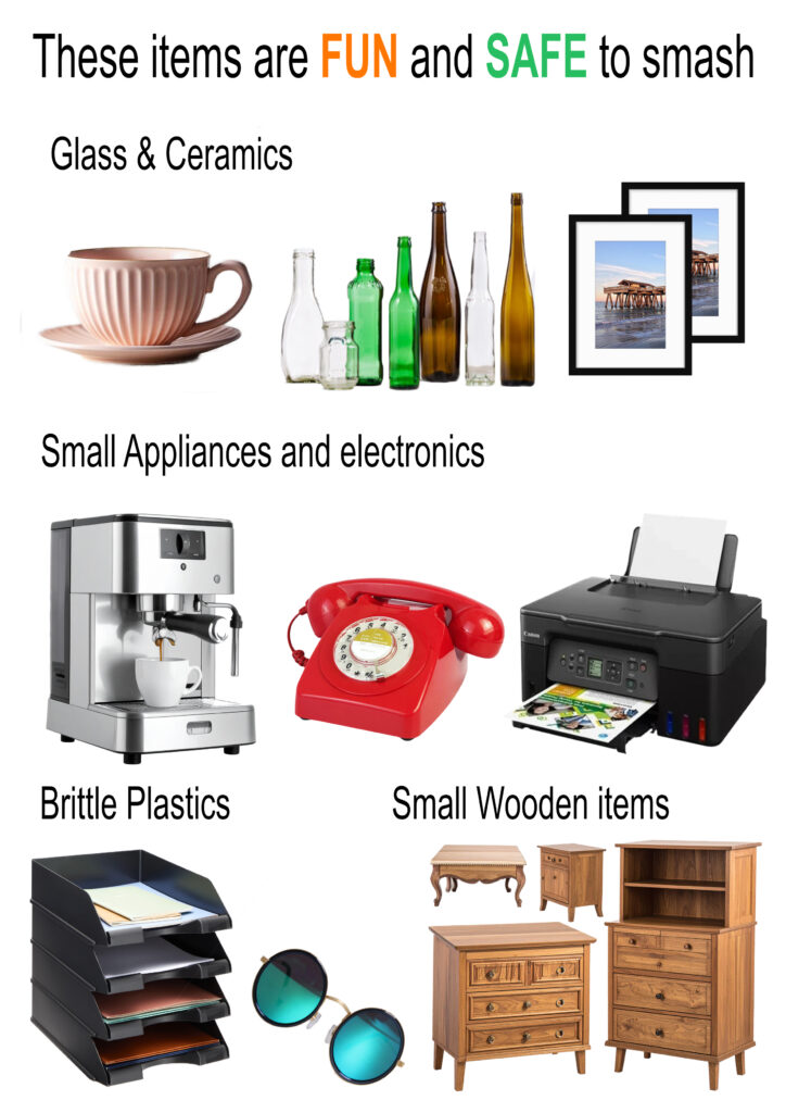 Items we gladly accept for donation at Wreck N Roll Rage Room — including glass bottles, ceramics, small furniture, and electronics.